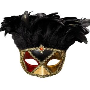 VTG Handcrafted Venetian Masquerade Mask Black Red Gold Feather Costume‎